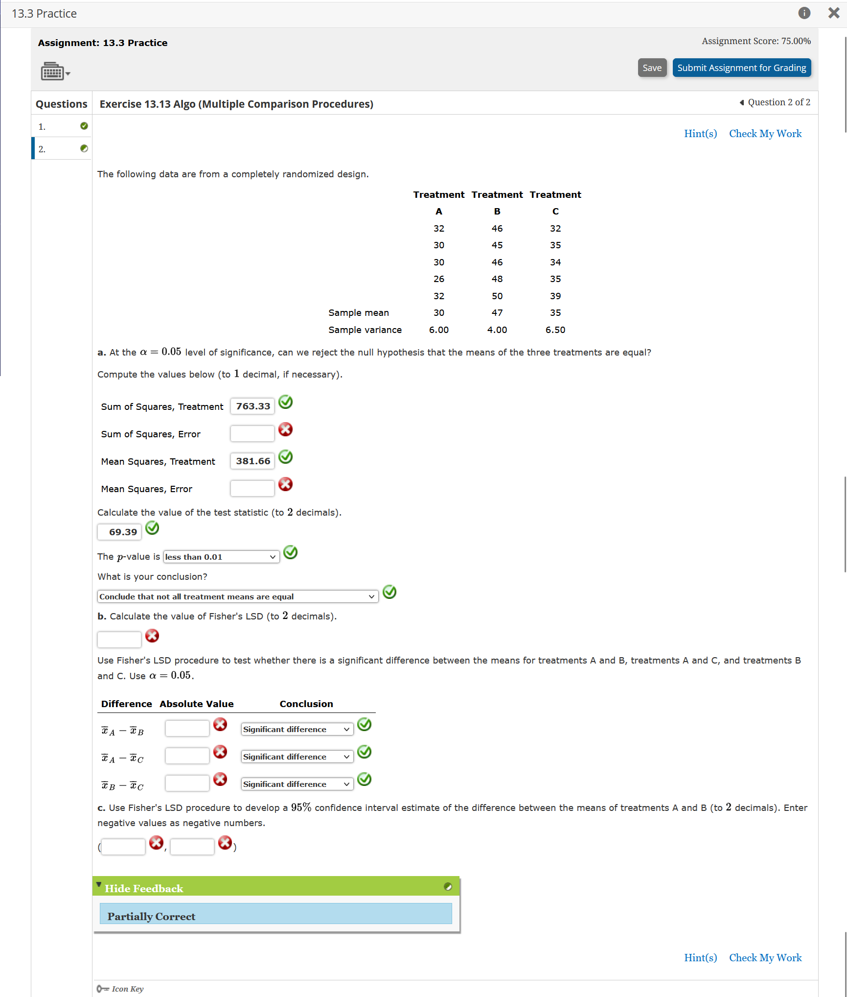  13.3 Practice Qo X Assignment: 13.3 Practice Assignment Score: 75.00% v