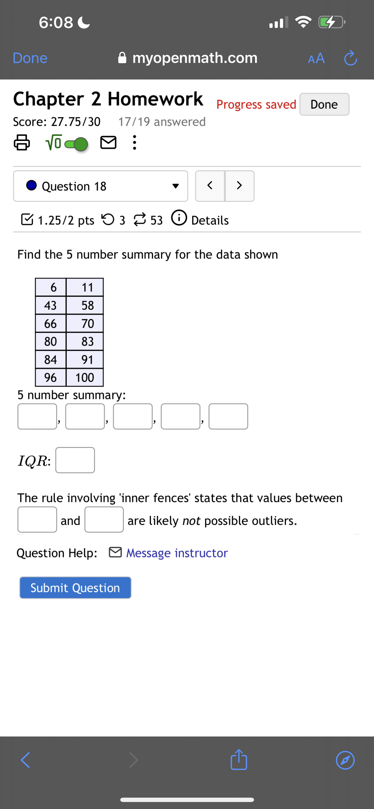  6:08 Done myopenmath.com AA C Chapter 2 Homework Progress saved Score:
