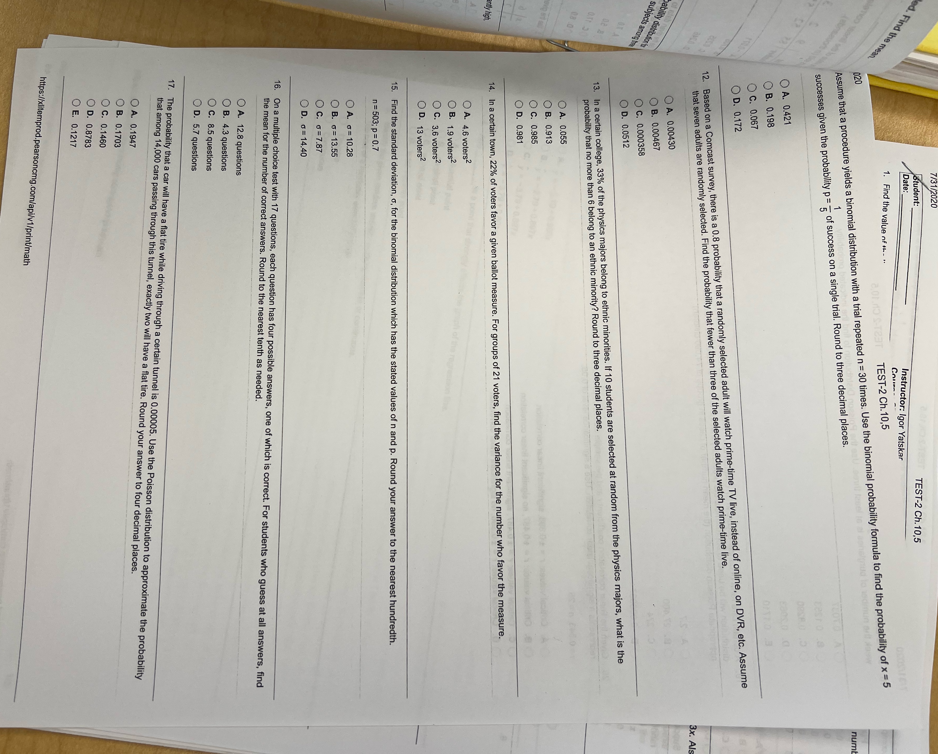 Please help Student:_ TEST -2 Ch. 10 ,5 Date: Instructor: Igor Yatskar