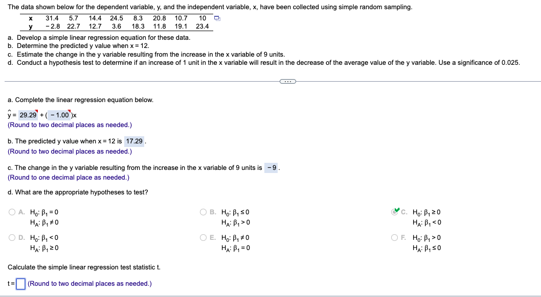  The data shown below for the dependent variable, y, and the