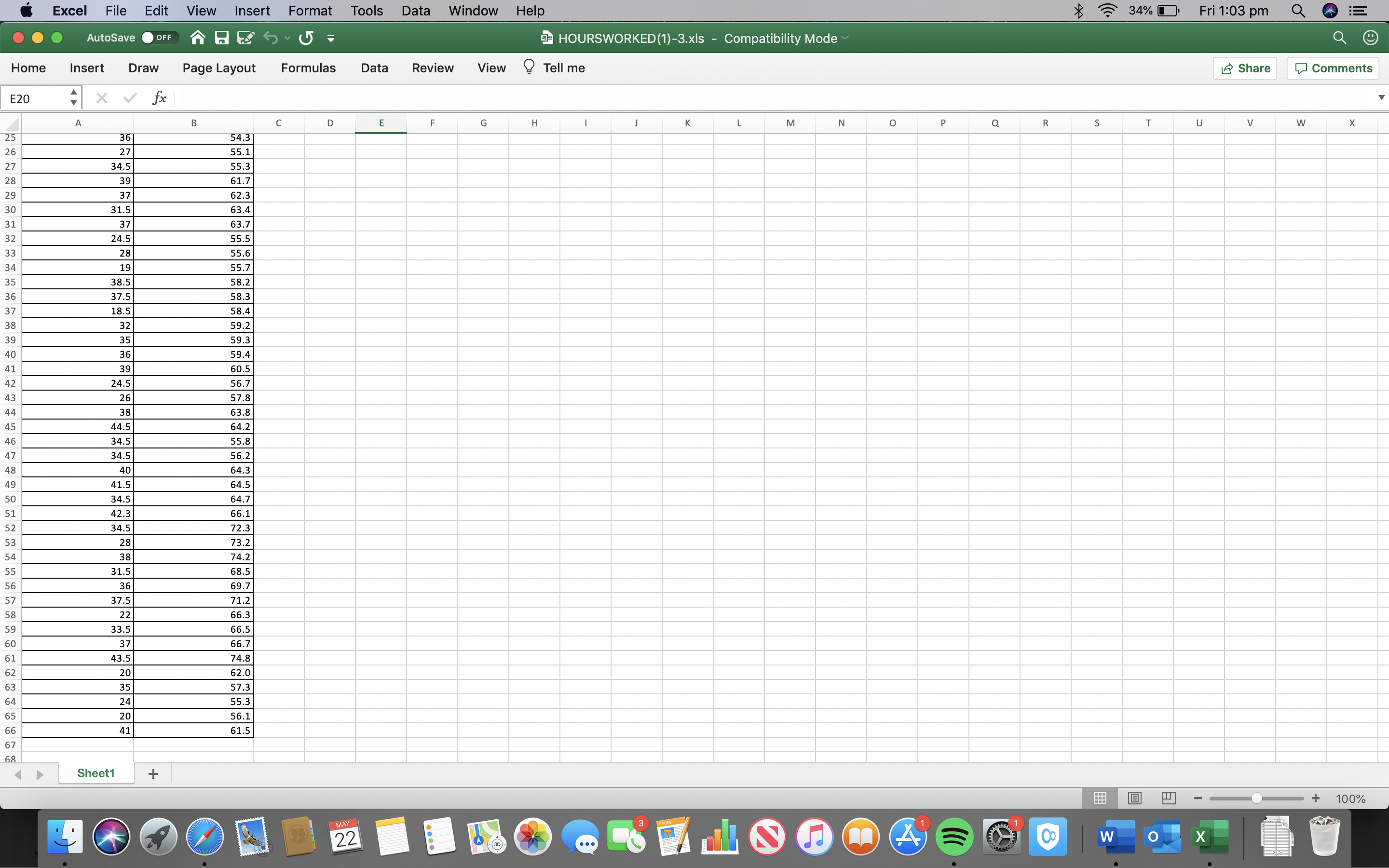 34% Fri 1:03 pm Q DE ... AutoSave OFF 3HOURSWORKED (1)-3.xIs -