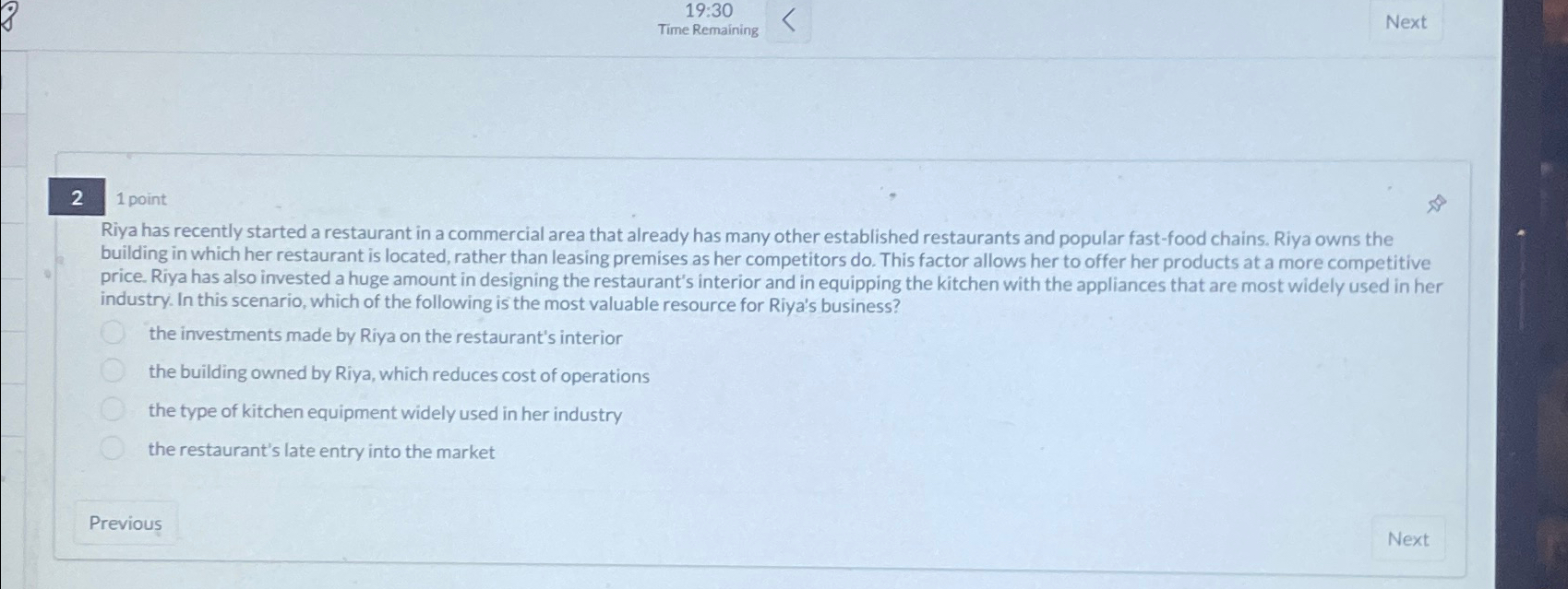  19:30 Next 2 1 point Riya has recently started a restaurant