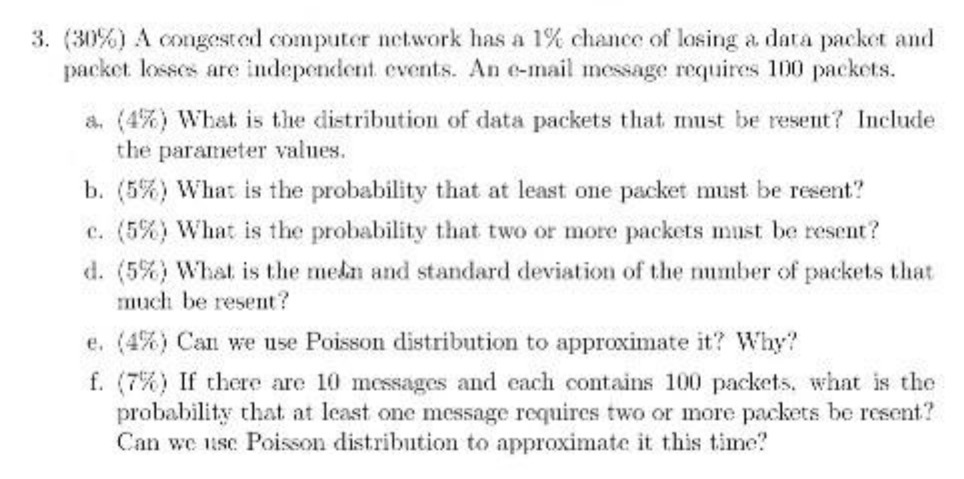3. (30%) A congested computer network has a 1% chance of