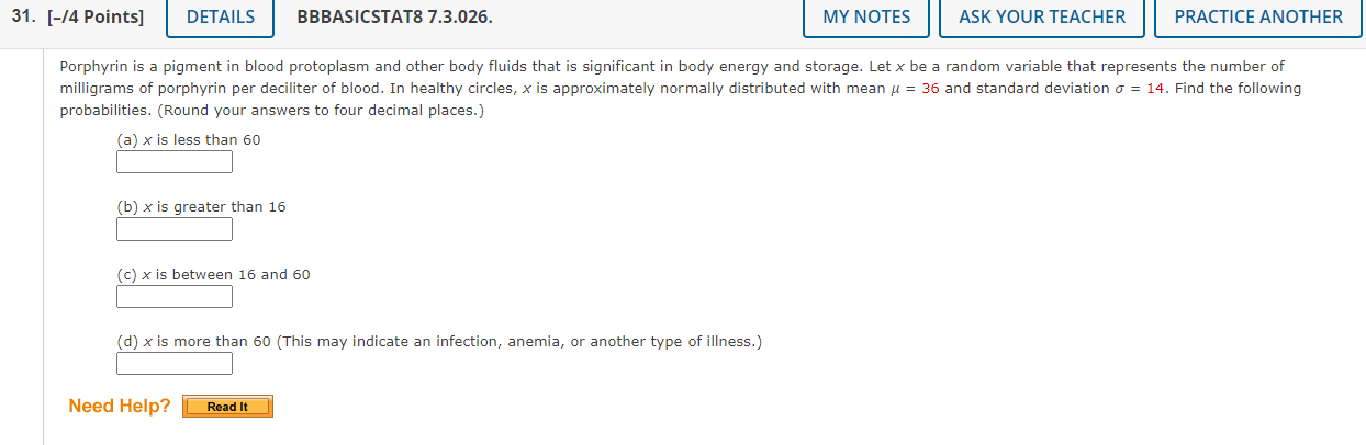 31. [-/4 Points] DETAILS BBBASICSTAT8 7.3.026. MY NOTES ASK YOUR TEACHER