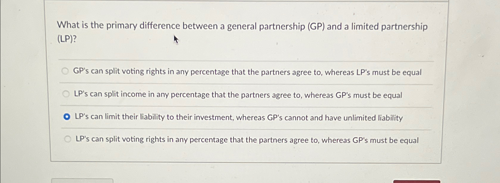  What is the primary difference between a general partnership (GP) and