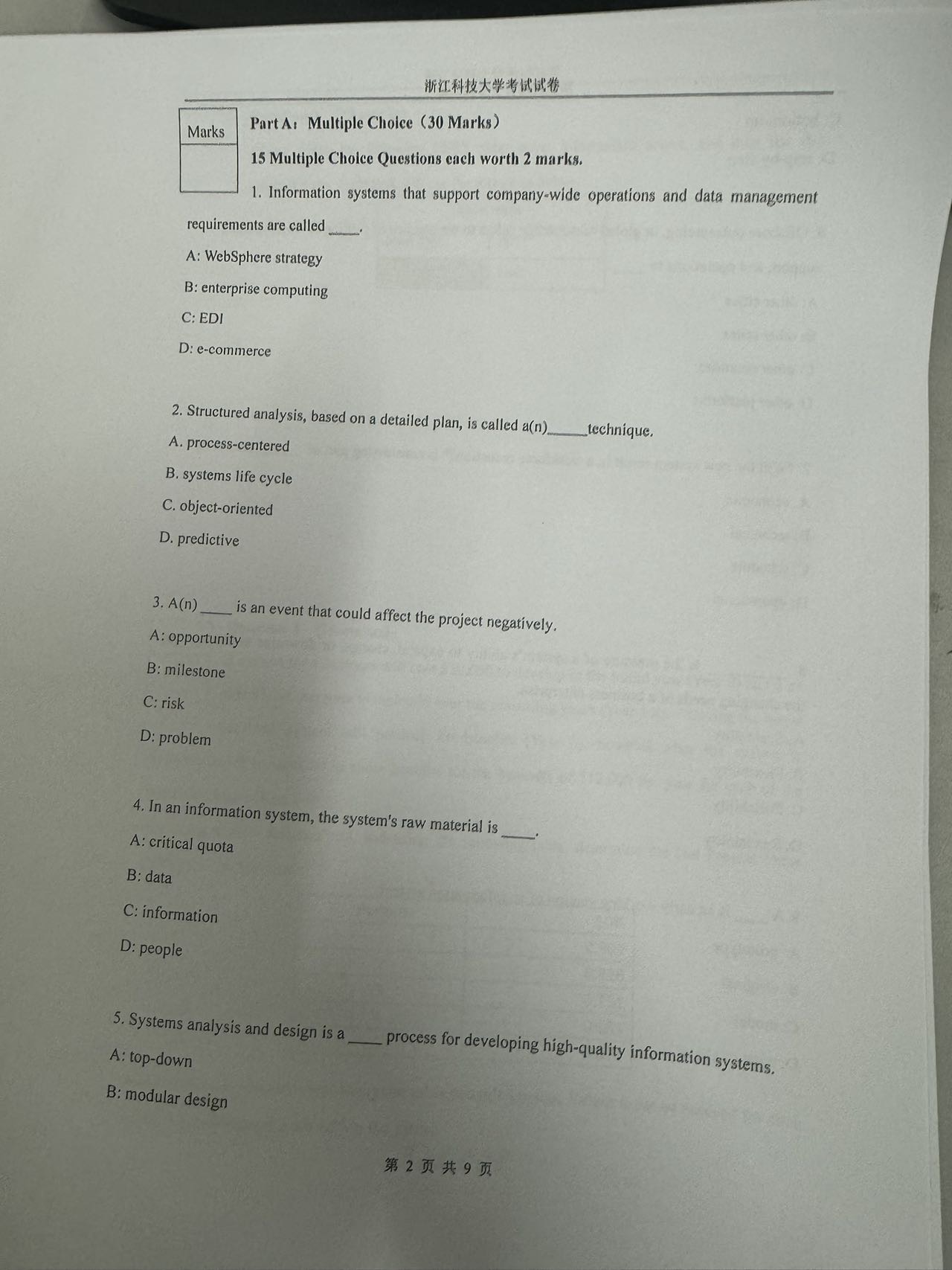  Marks Part A, Multiple Choice (30 Marks) 15 Multiple Cholce Questions