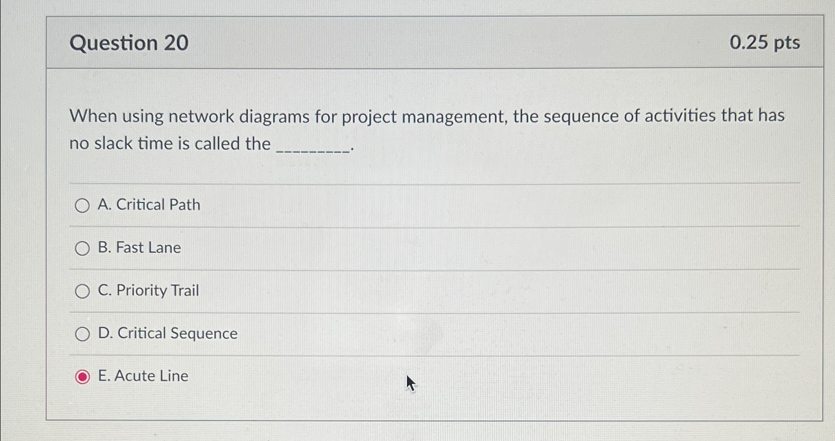  Question 20 0.25pts When using network diagrams for project management, the