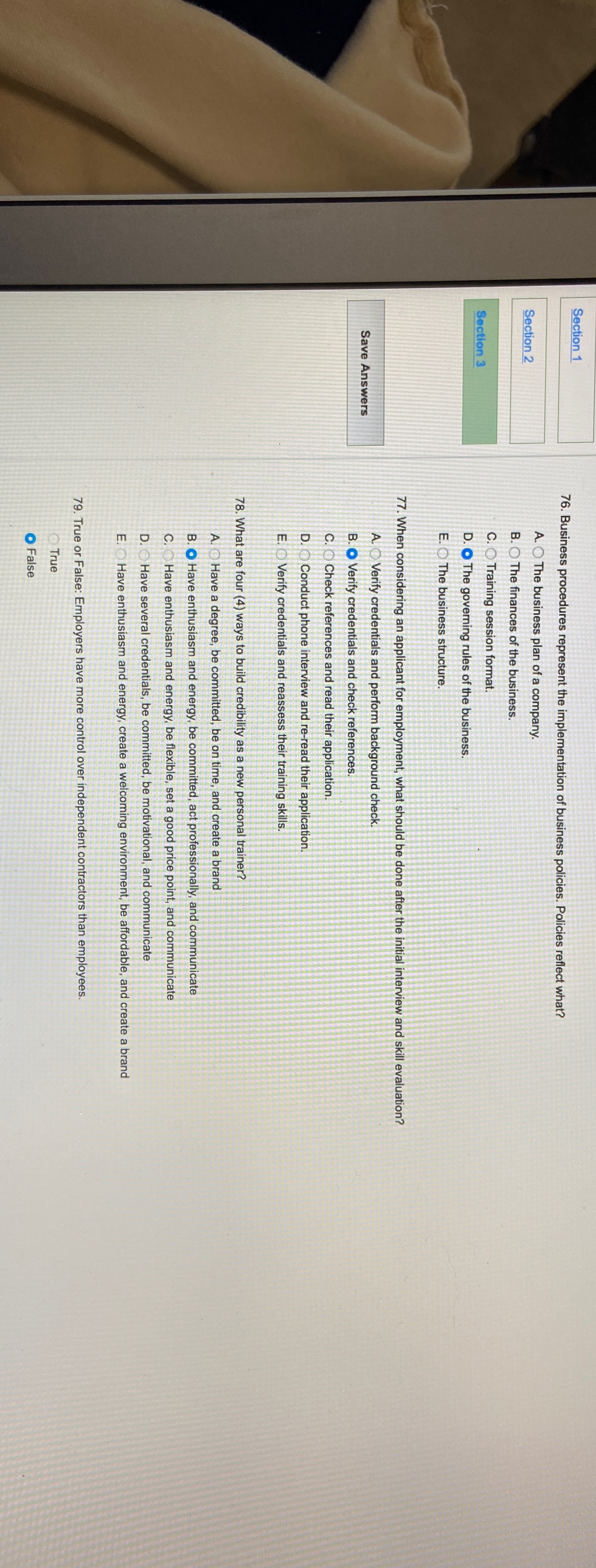  Section 1 Section 2 Section 3 Save Answers 76. Business procedures