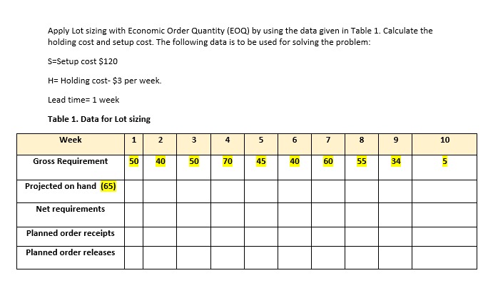  Apply Lot sizing with Economic Order Quantity (EOQ) by using the