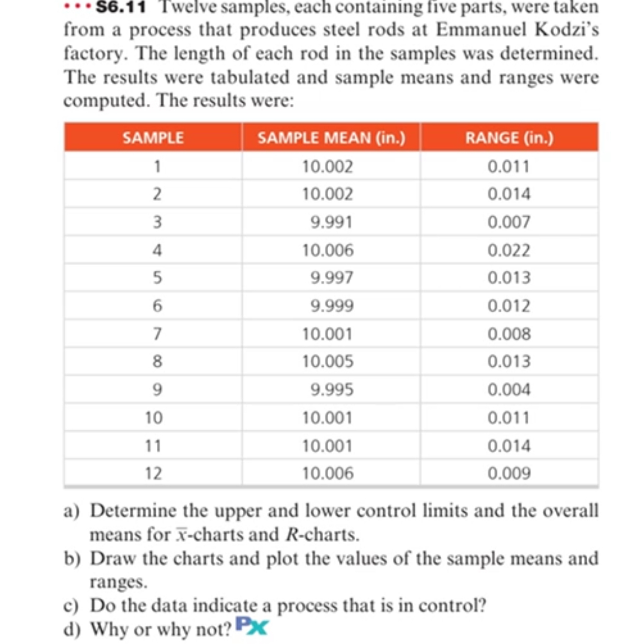  ?..S6.11 Twelve samples, each containing five parts, were taken from a