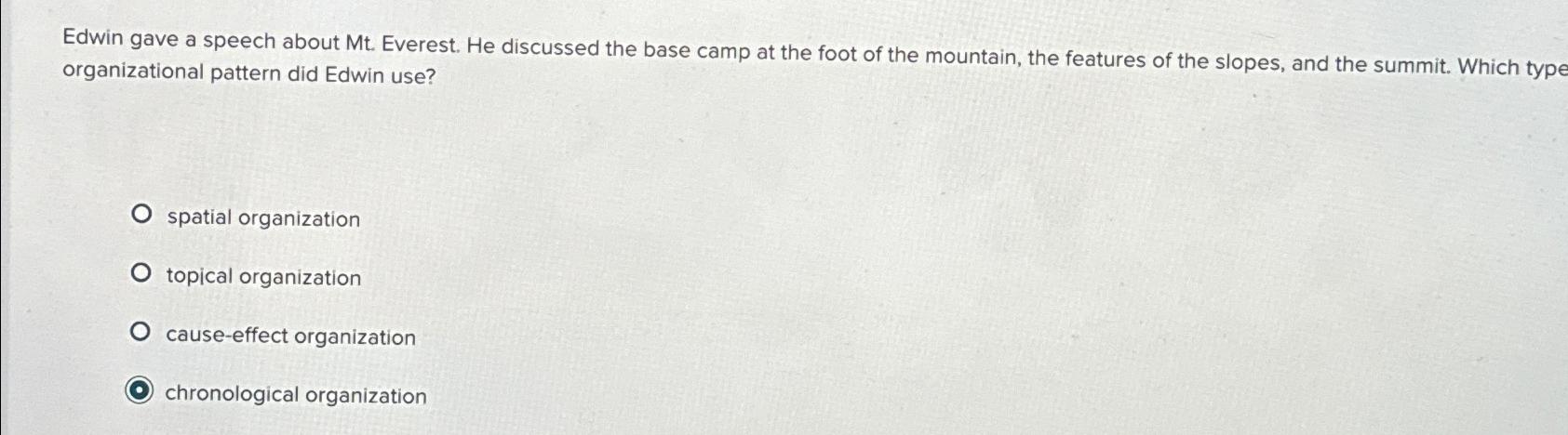  Edwin gave a speech about Mt. Everest. He discussed the base