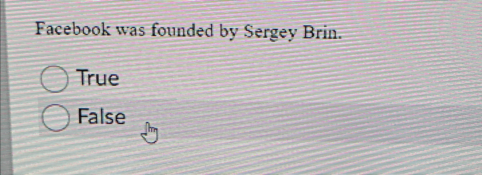  Facebook was founded by Sergey Brill. True False 