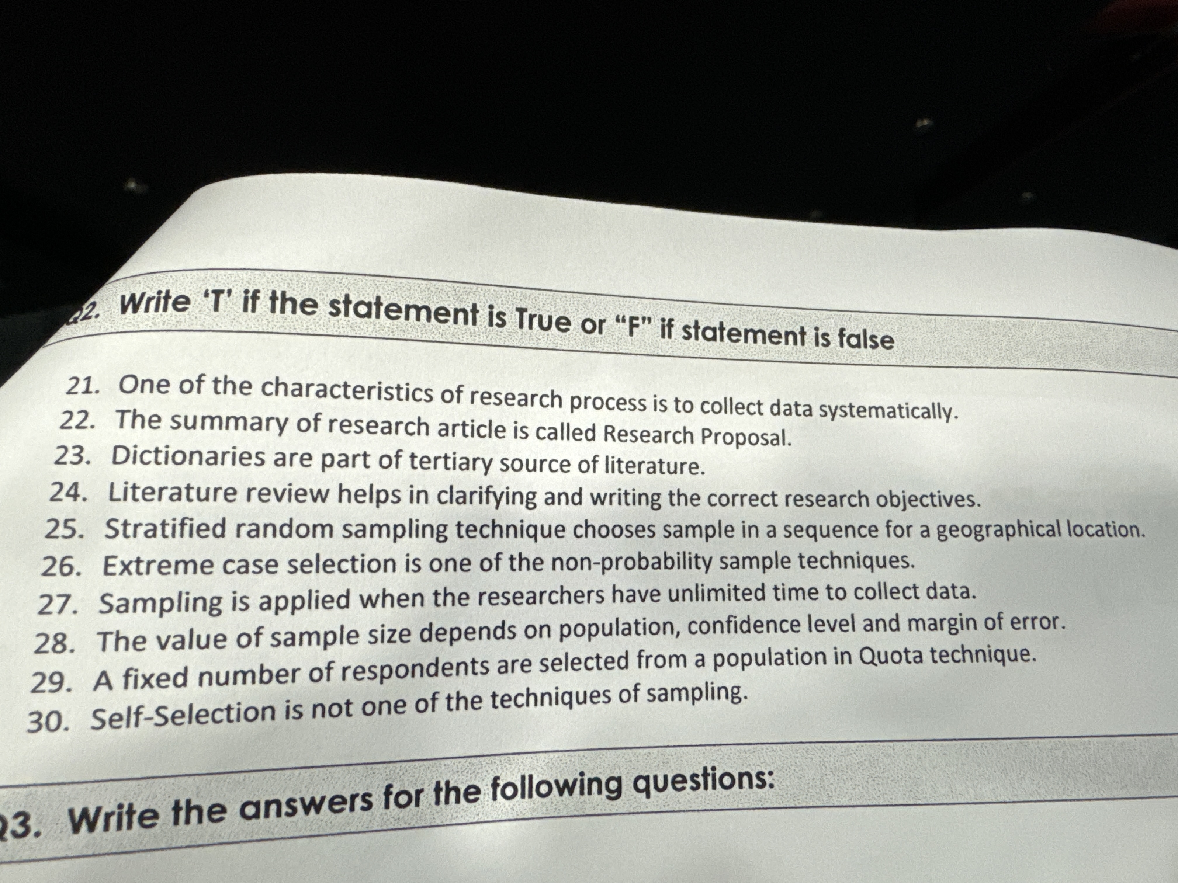  Write 'T' if the statement is True or "F" if statement