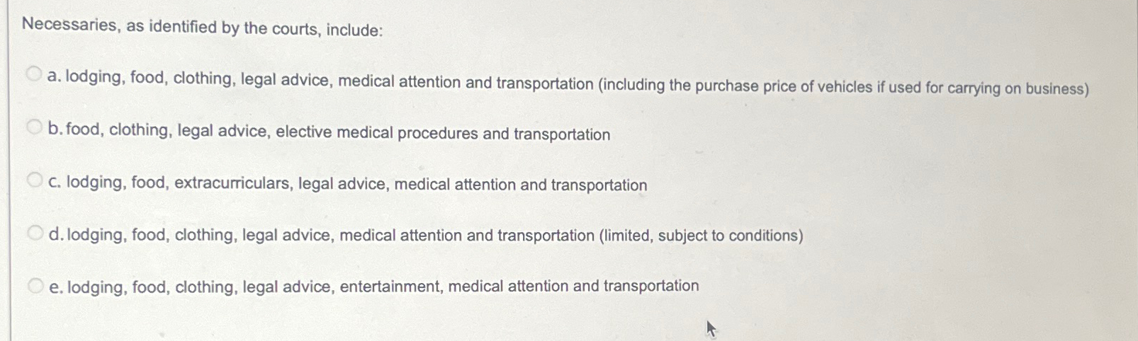  Necessaries, as identified by the courts, include: a. lodging, food, clothing,