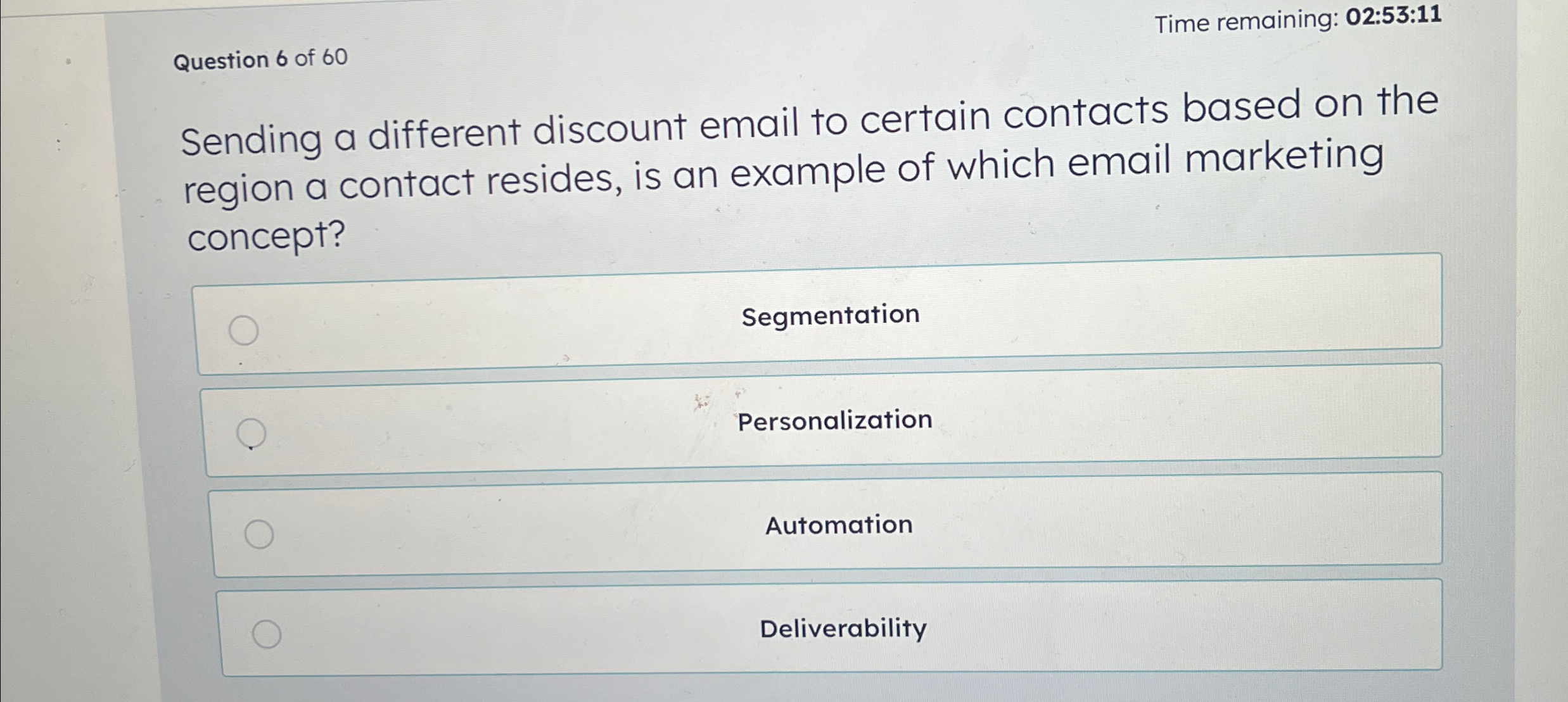  Time remaining: 02:53:11 Question 6 of 60 Sending a different discount