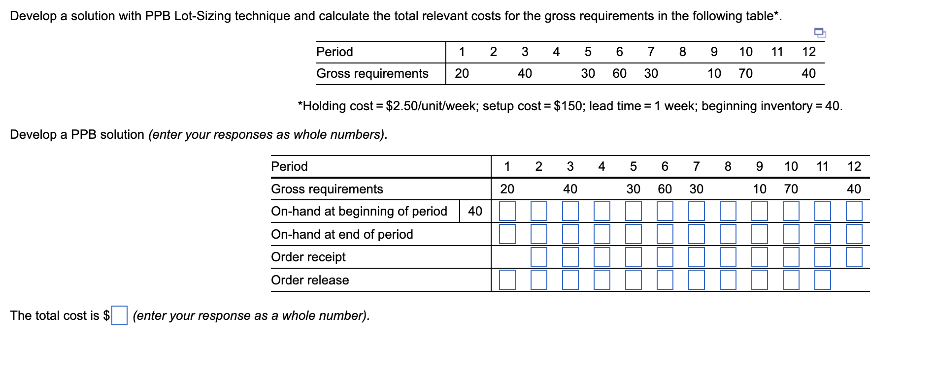 *Holding cost =$2.50 /unit/week; setup cost =$150; lead time =1 week;