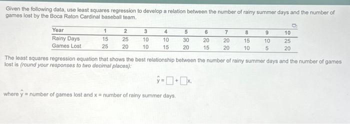  Given the following data, use least squares regression to develop a