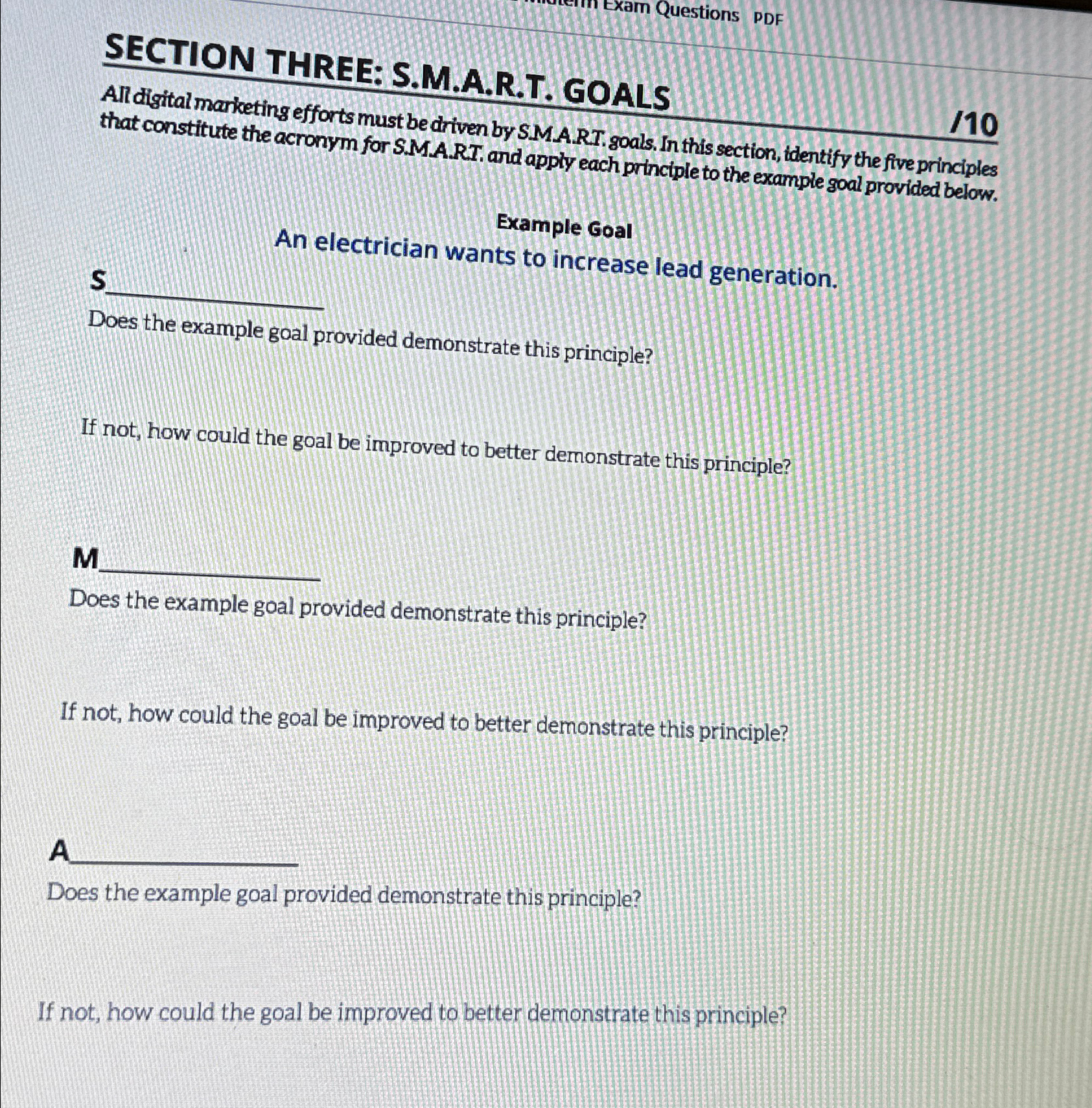  Questions PDF SECTION THREE: S.M.A.R.T. GOALS All digital marketing efforts must