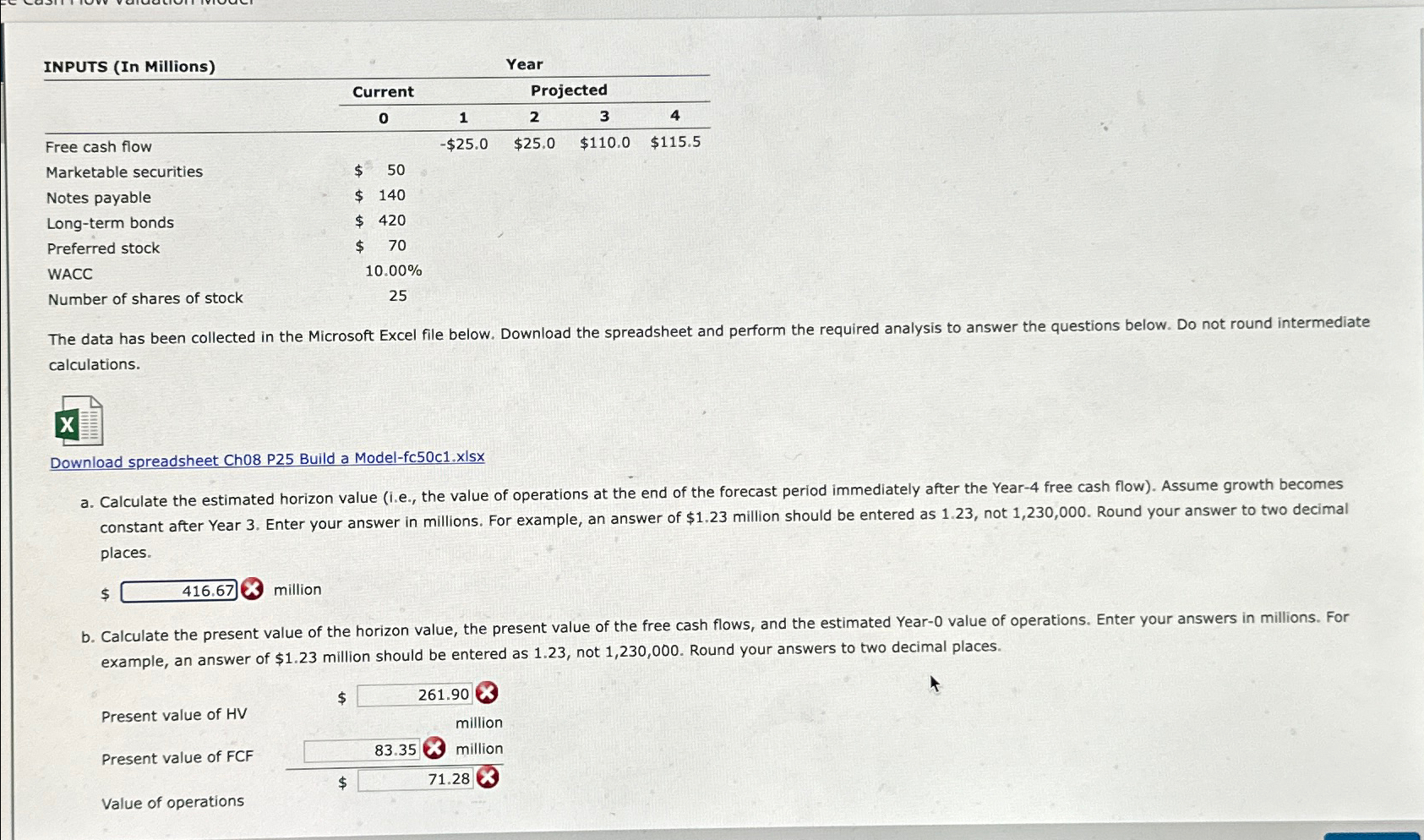  INPUTS (In Millions) Year \table[[+,Current,Projected,4],[,0,1,2,3],[Free cash flow,,-$25.0,$25.0,$110.0,$115.5 
