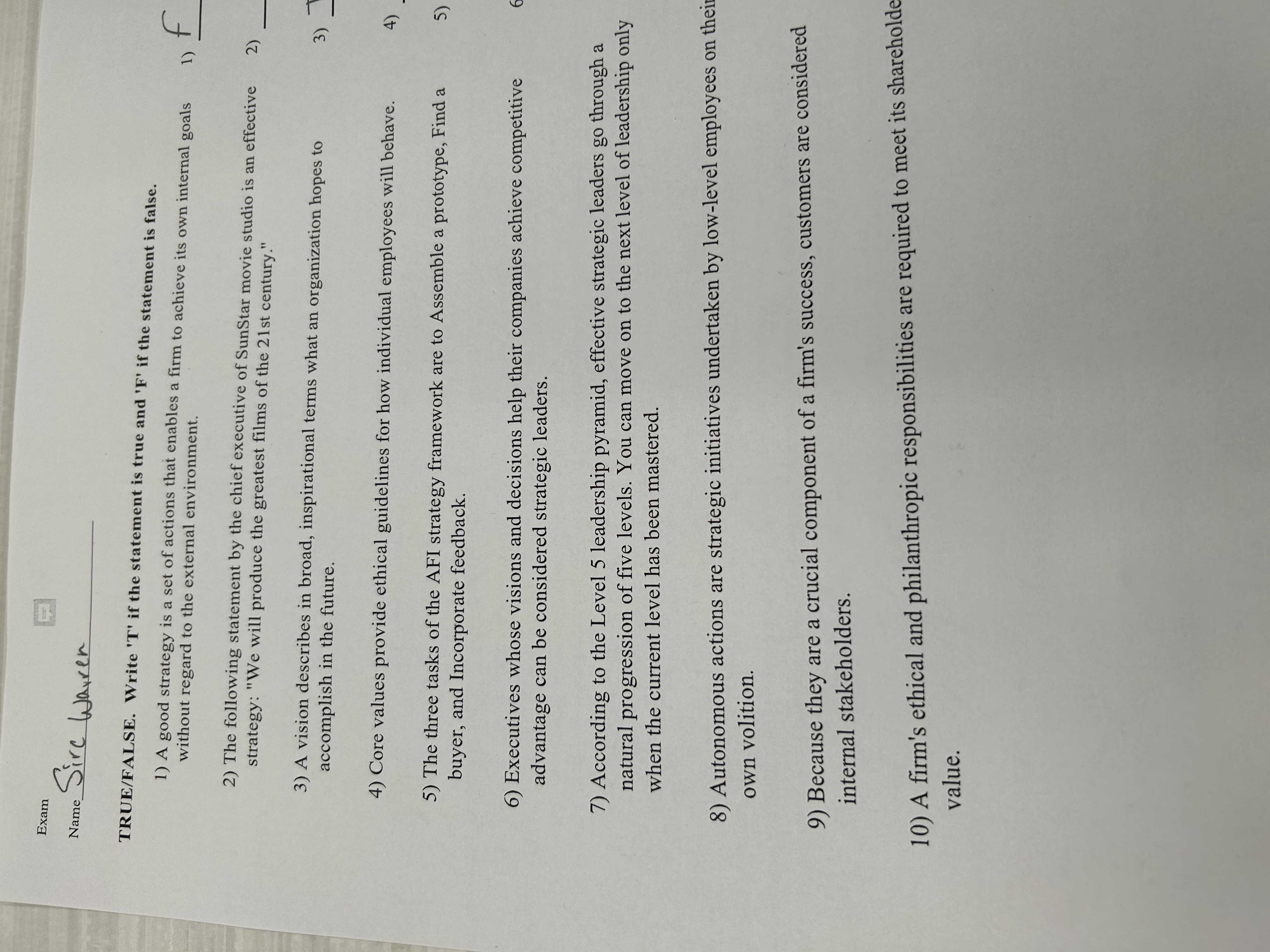  Exam Name Sire Warrer TRUE/FALSE. Write 'T' if the statement is