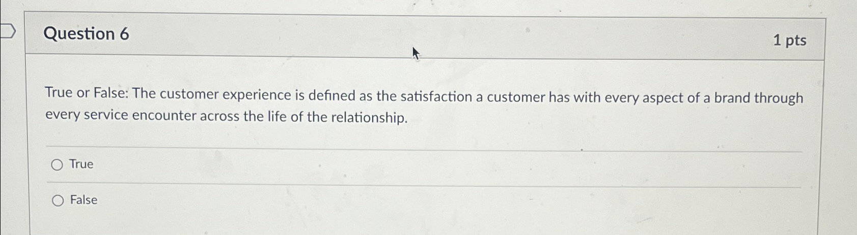  Question 6 1 pts True or False: The customer experience is