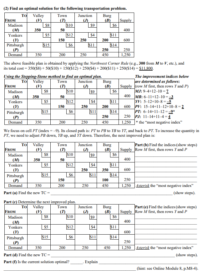  (2) Find an optimal solution for the following transportation problem. The