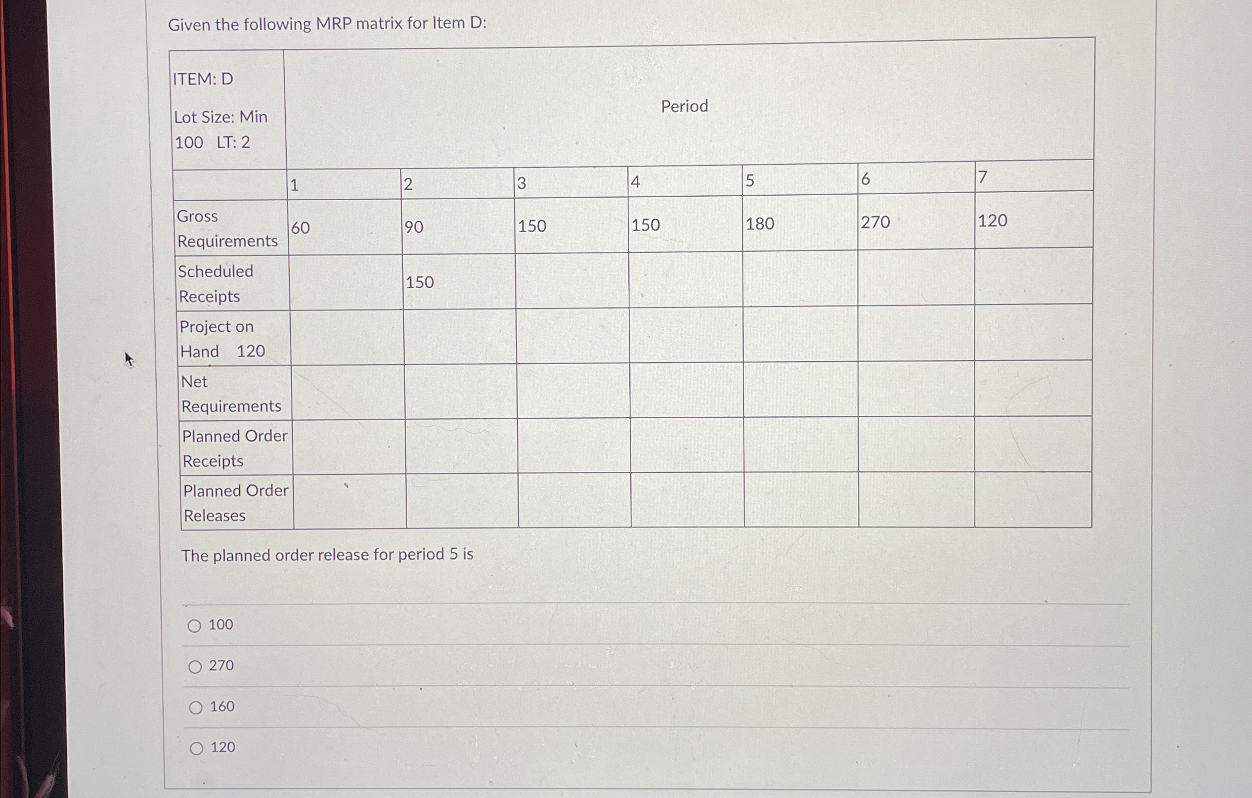  Given the following MRP matrix for Item D: \table[[\table[[ITEM: D],[Lot Size: