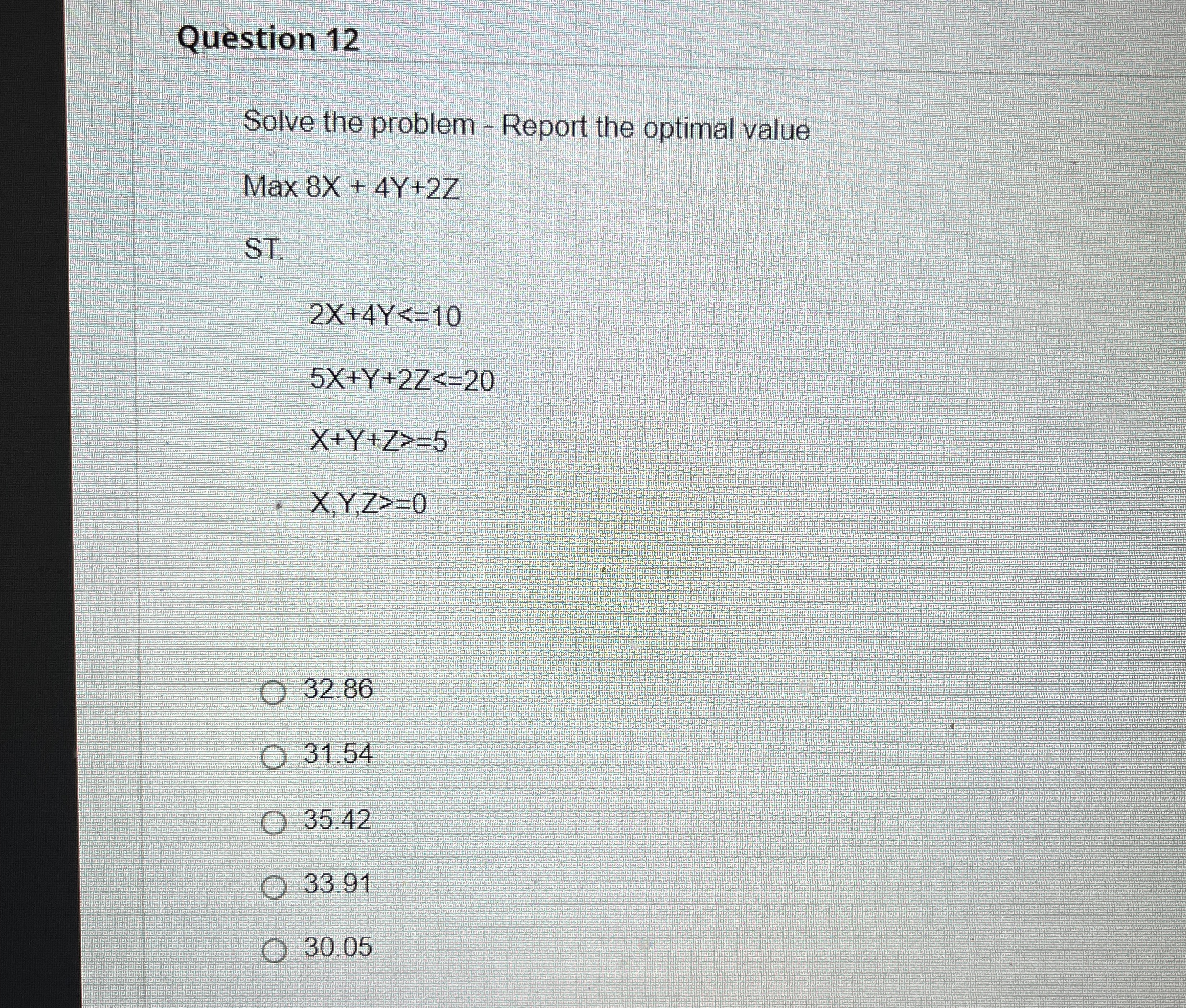  Question 12 Solve the problem - Report the optimal value Max