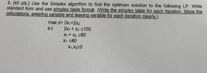  Use the Simplex algorithm to find the optimum solution to the