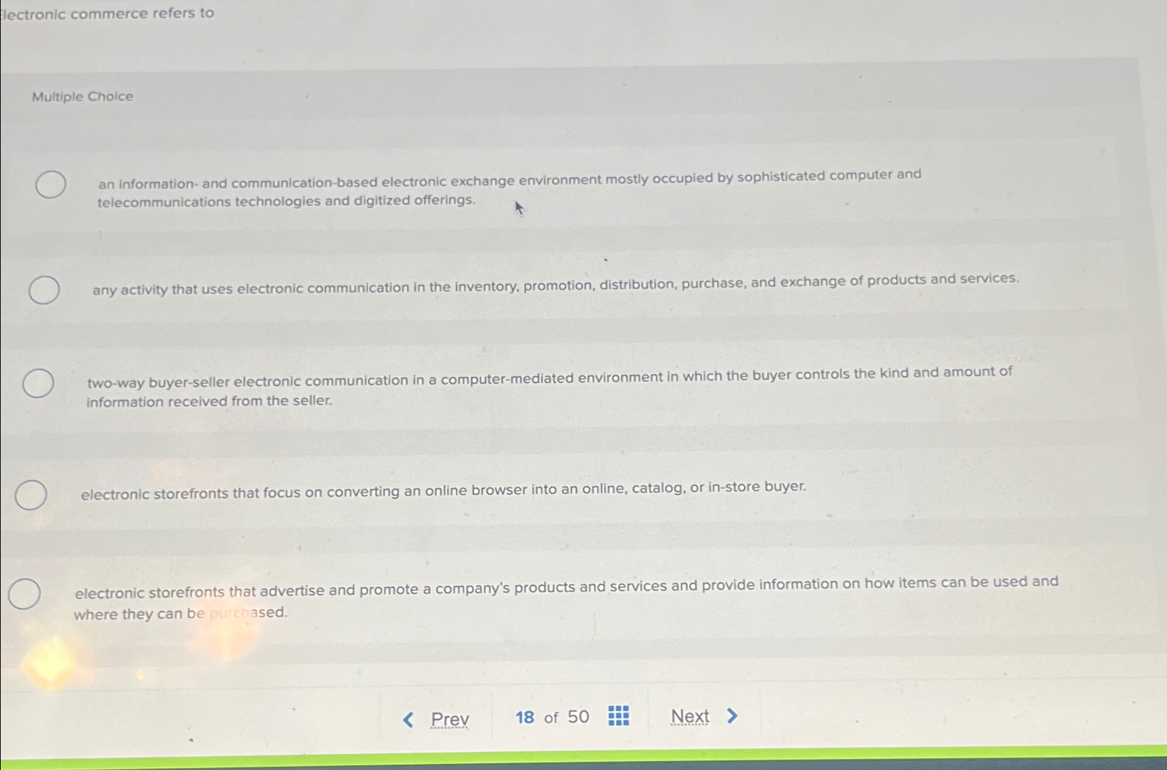  lectronic commerce refers to Multiple Choice an information- and communication-based electronic