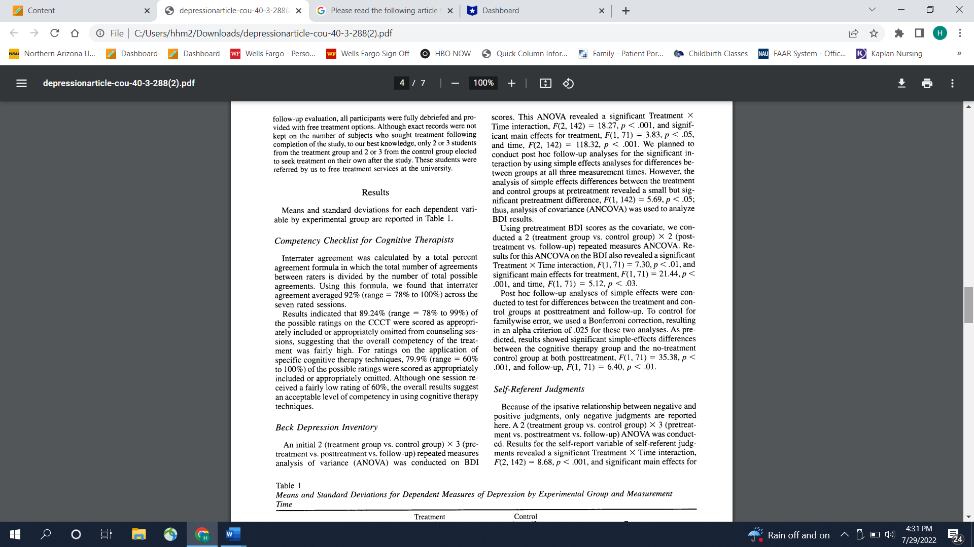 For each null hypothesis tested for only the sub-section entitled "Beck Depression
