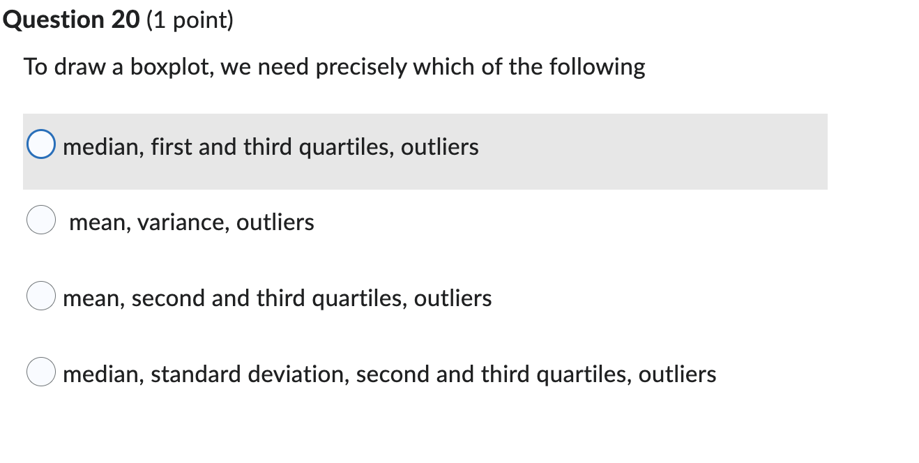  Question 20 (1 point) To draw a boxplot, we need precisely