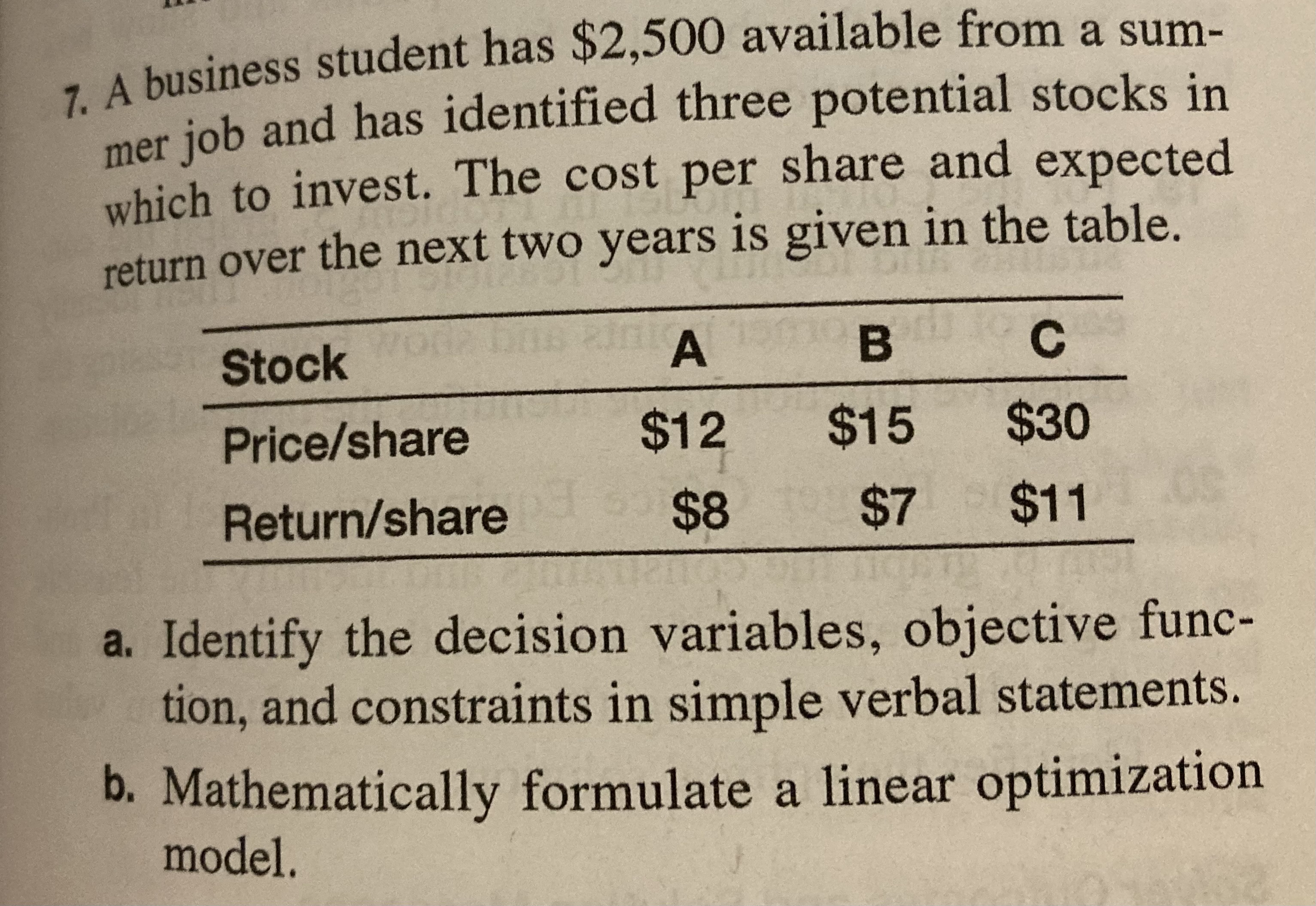 Implement the linear optimization model that you developed for the investment scenario