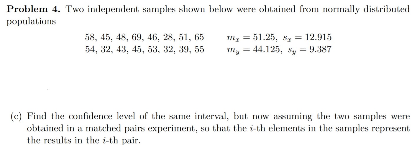 The interval is from -5.09 to 19.34 Problem 4. Two independent samples