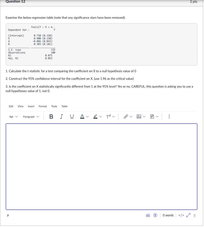Question 12 2 pts Examine the below regression table (note that