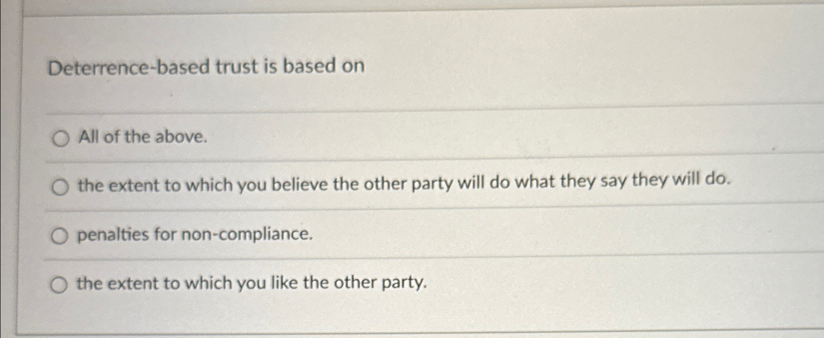  Deterrence-based trust is based on All of the above. the extent
