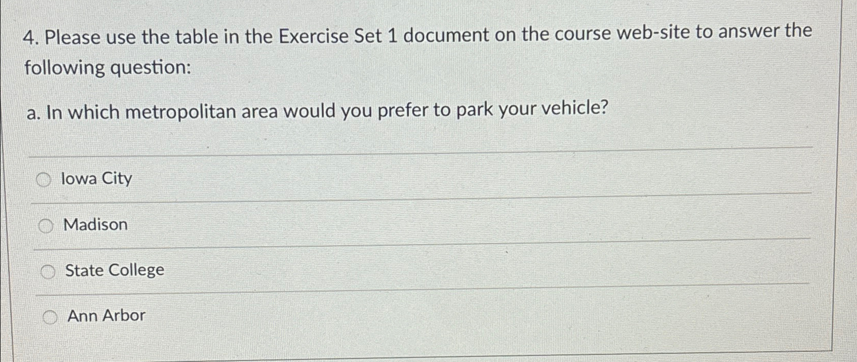  Please use the table in the Exercise Set 1 document on