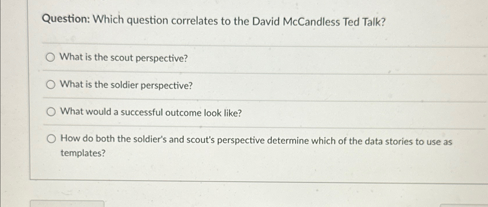  Question: Which question correlates to the David McCandless Ted Talk? What