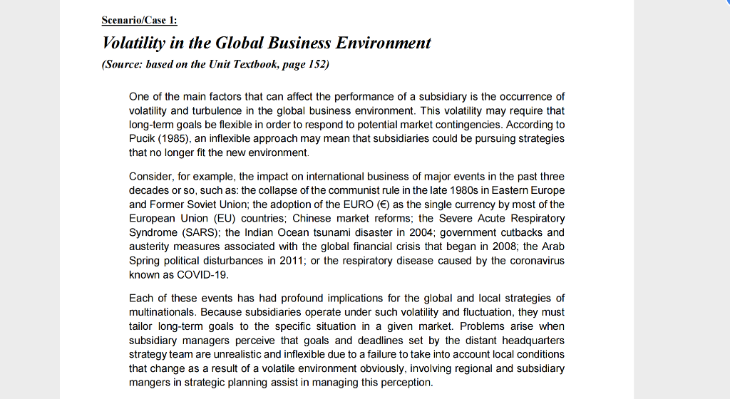  olatility in the Global Business Environment ource: based on the Unit