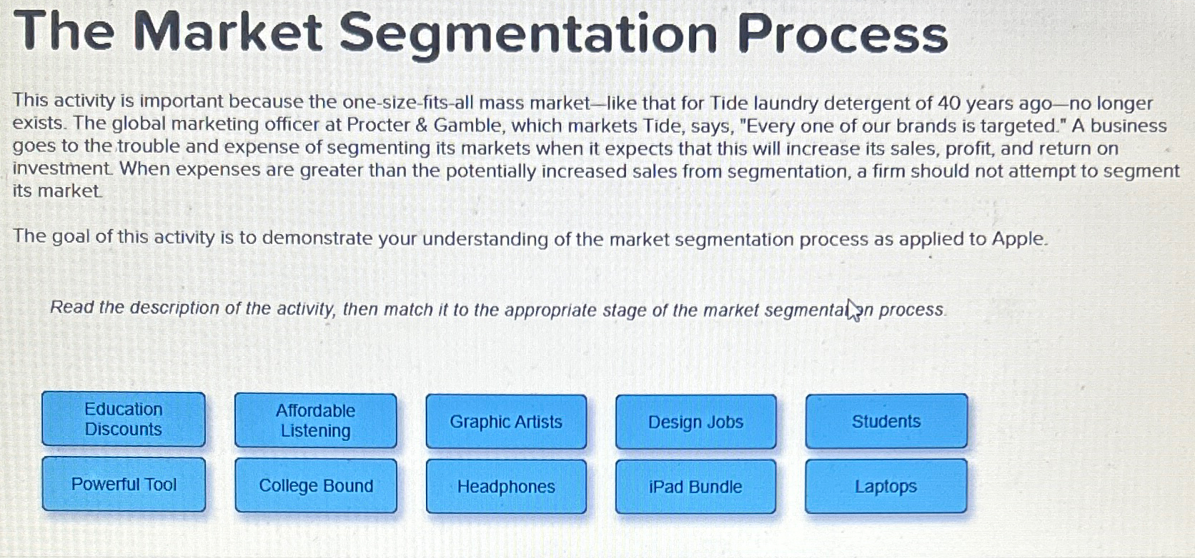  The Market Segmentation Process This activity is important because the one-size-fits-all