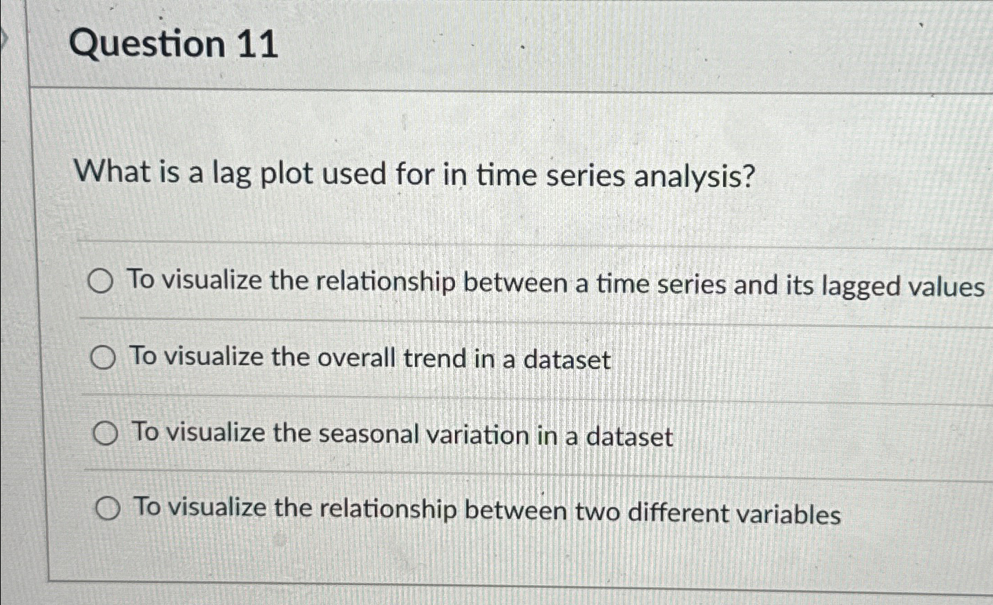  Question 11 What is a lag plot used for in time