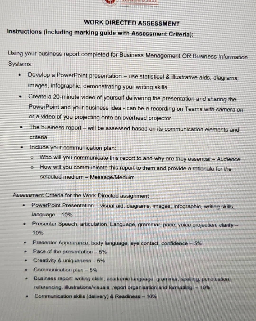  WORK DIRECTED ASSESSMENT Instructions (including marking guide with Assessment Criteria): Using