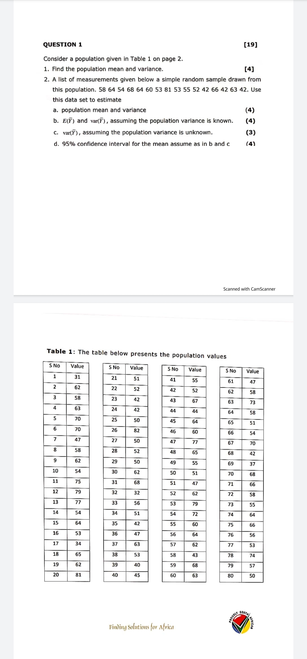  QUESTION 1 [19] Consider a population given in Table 1 on