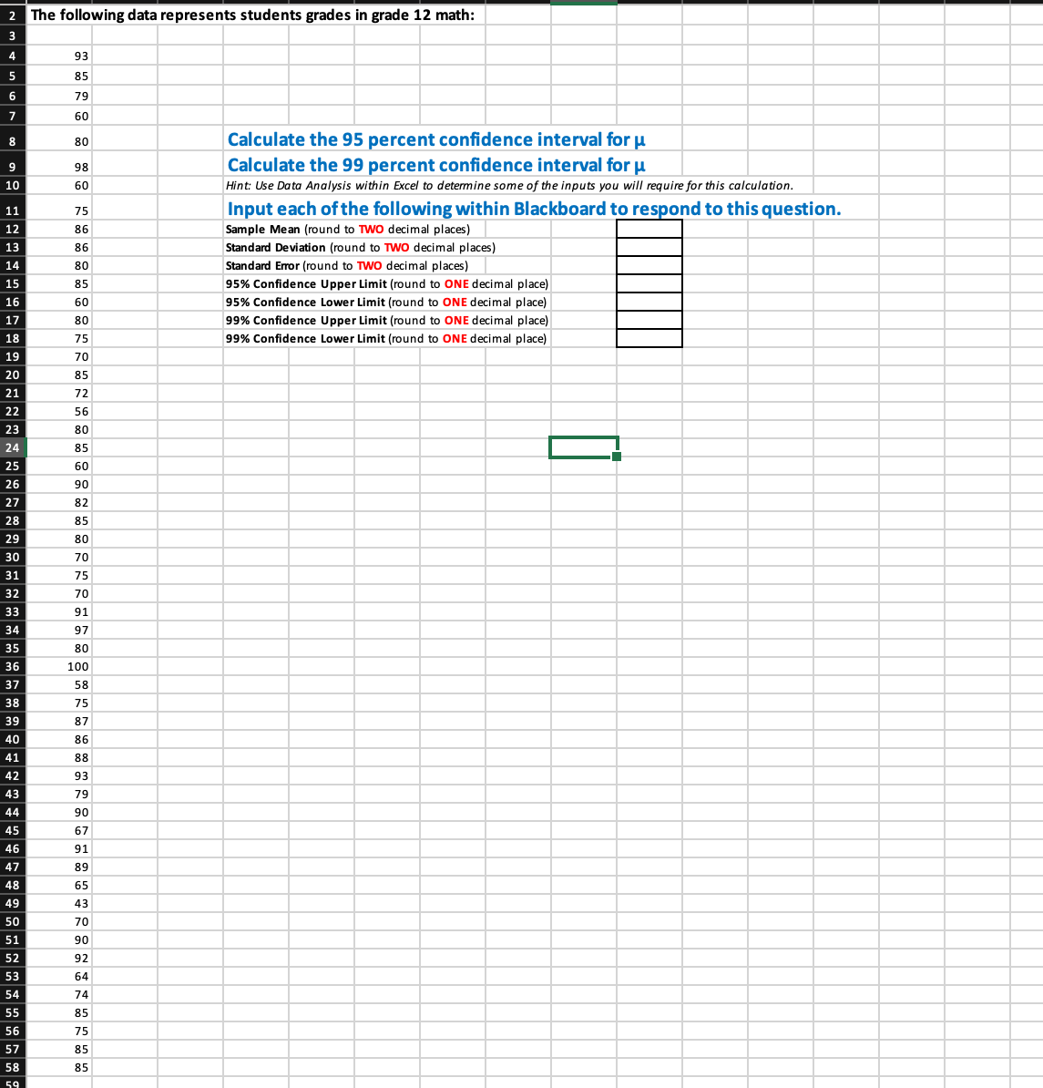 The following data represents students grades in grade 12 math: 93