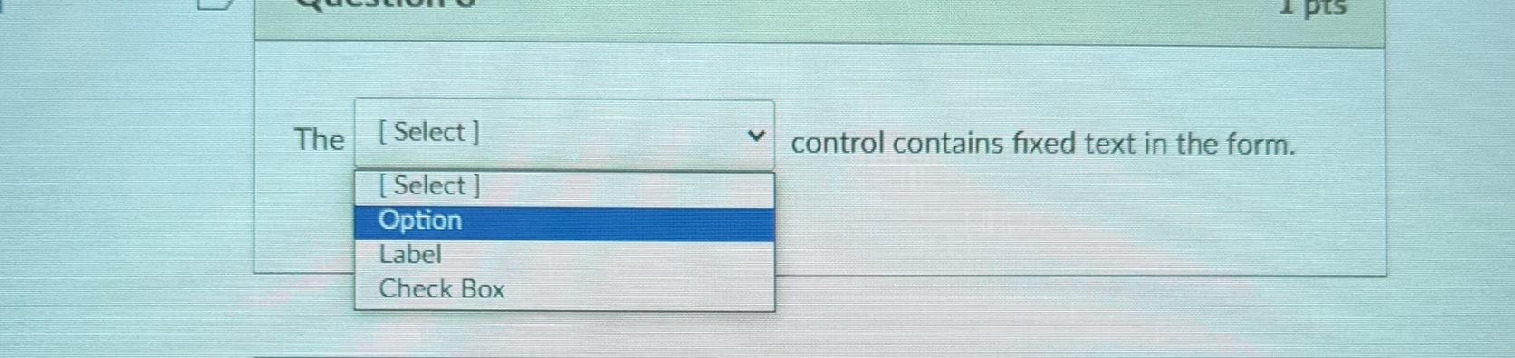  The ________ control contains fixed text in the form. Option Label
