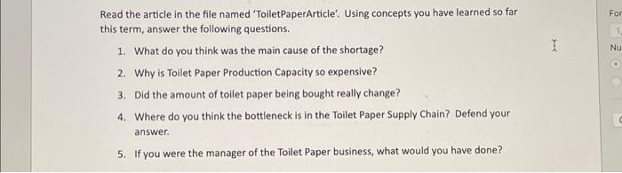  Read the article in the file named 'Toilet PaperArticle'. Using concepts