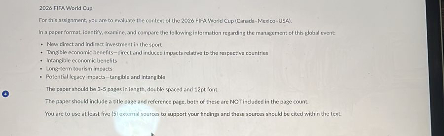 2026 FIFA World Cup For this assignment, you are to evaluate