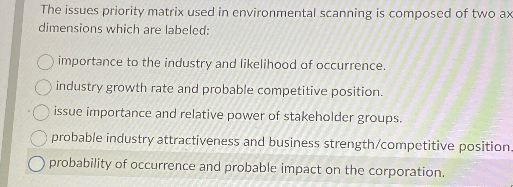  The issues priority matrix used in environmental scanning is composed of