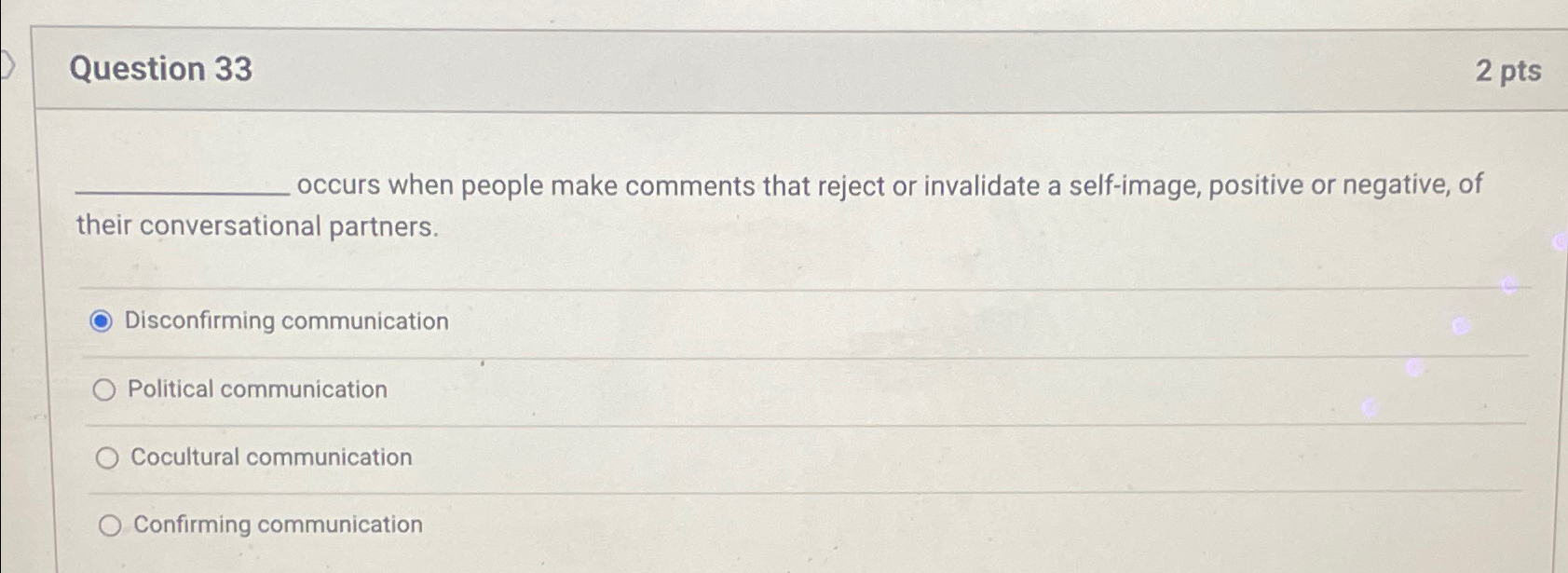  Question 33 2 pts occurs when people make comments that reject