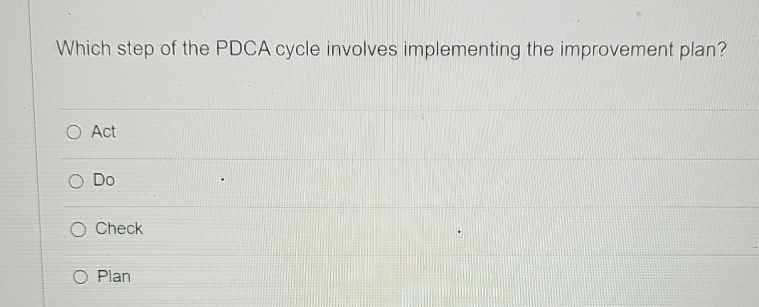  Which step of the PDCA cycle involves implementing the improvement plan?